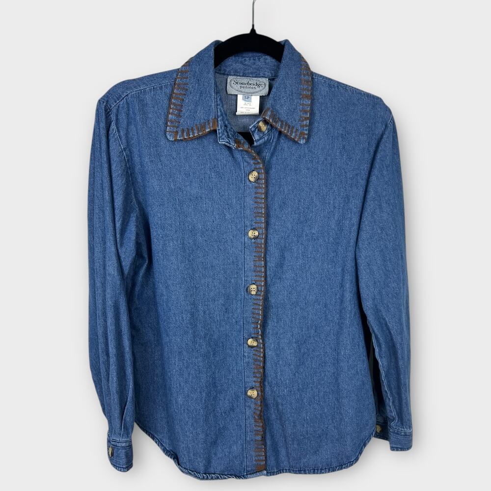 Vintage 90s‎ Embroidered Denim Shirt Womens Small Boho Blouse